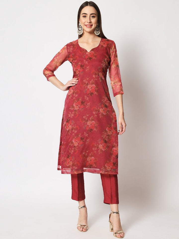 anokherang Combos Copy of Wine Floral Organza Kurti with Straight Pants