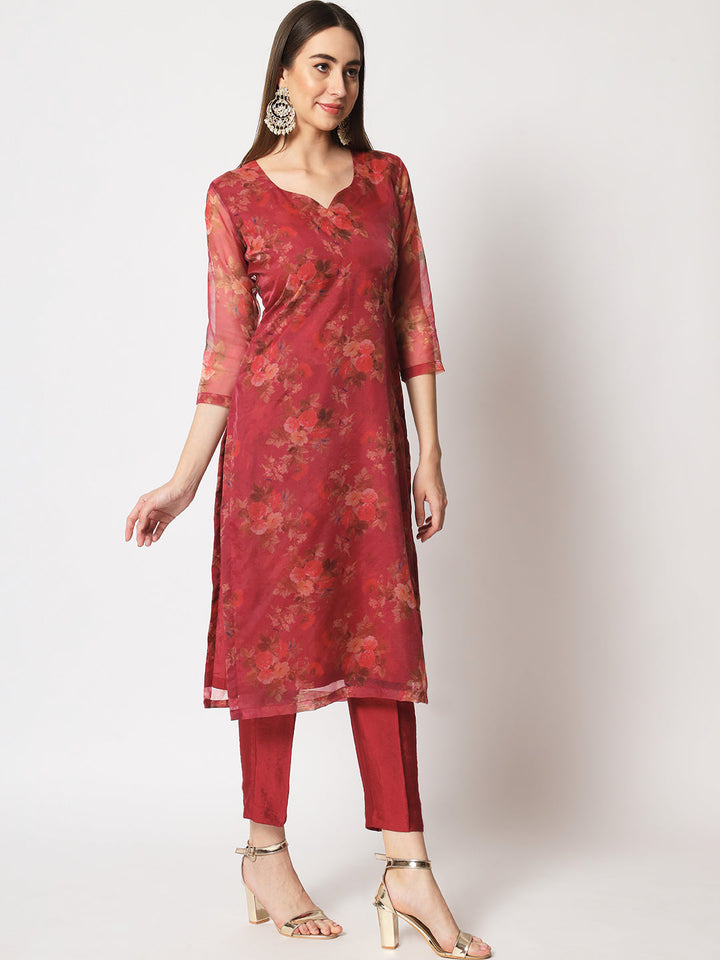 anokherang Combos Copy of Wine Floral Organza Kurti with Straight Pants