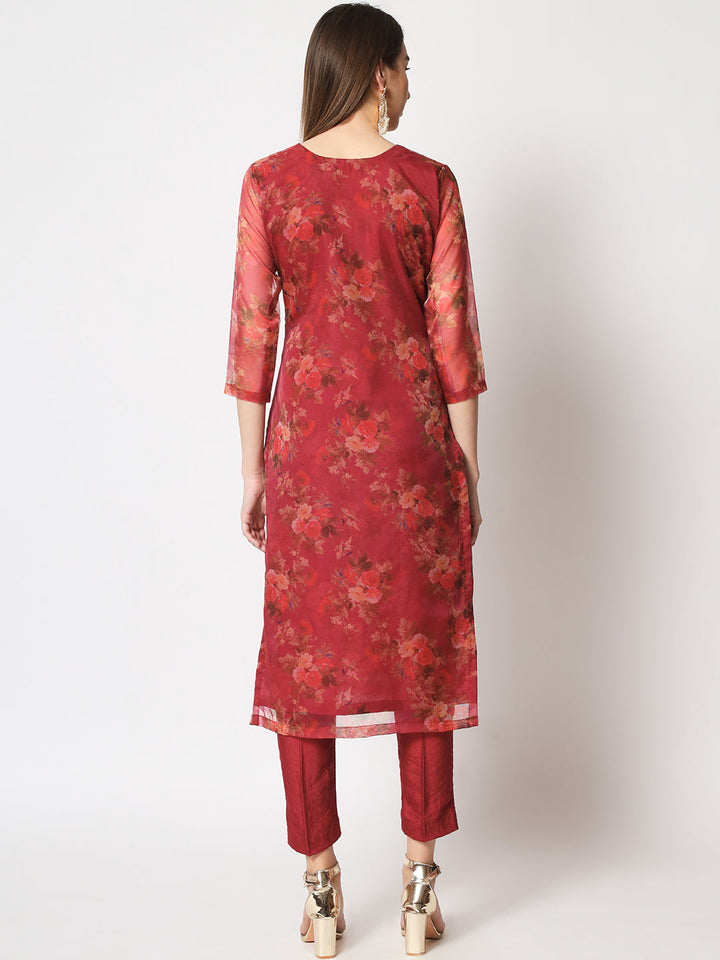 anokherang Combos Copy of Wine Floral Organza Kurti with Straight Pants