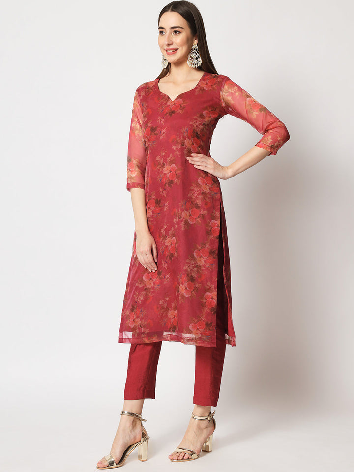 anokherang Combos Copy of Wine Floral Organza Kurti with Straight Pants