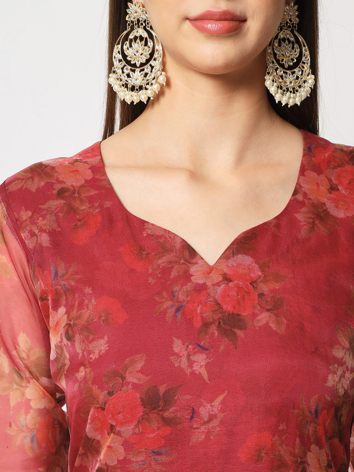anokherang Combos Copy of Wine Floral Organza Kurti with Straight Pants
