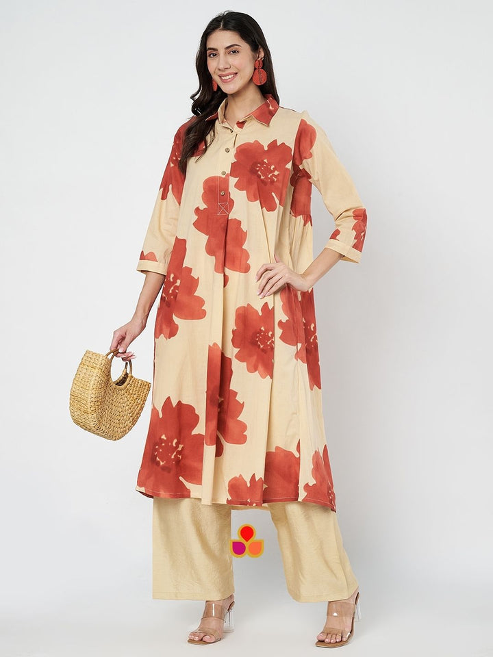 anokherang Combos Coral Floral Creamy Beige A-Line Kurti with Straight Palazzo
