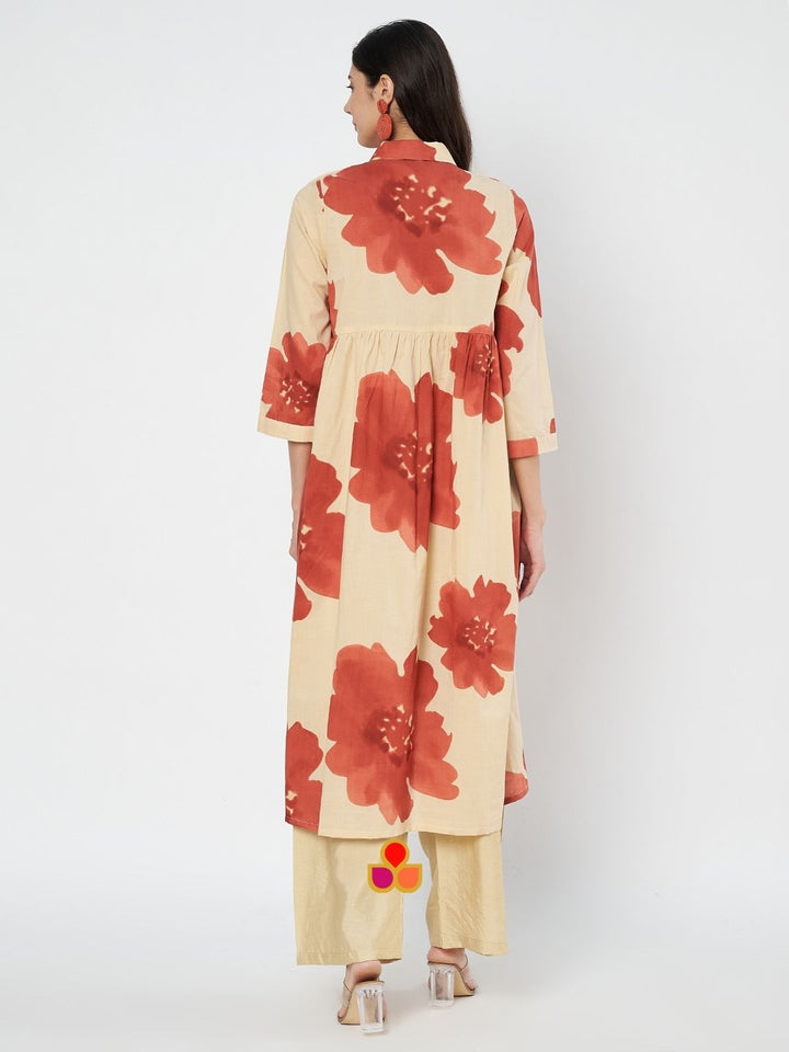 anokherang Combos Coral Floral Creamy Beige A-Line Kurti with Straight Palazzo