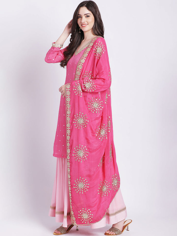 anokherang Combos Cotton Candy Pink Mirror Work Kurti With Gathered Sharara and Gota Dupatta