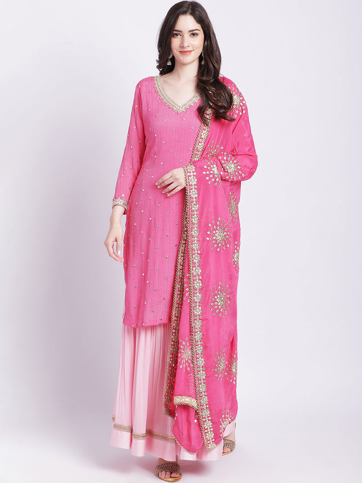 anokherang Combos Cotton Candy Pink Mirror Work Kurti With Gathered Sharara and Gota Dupatta