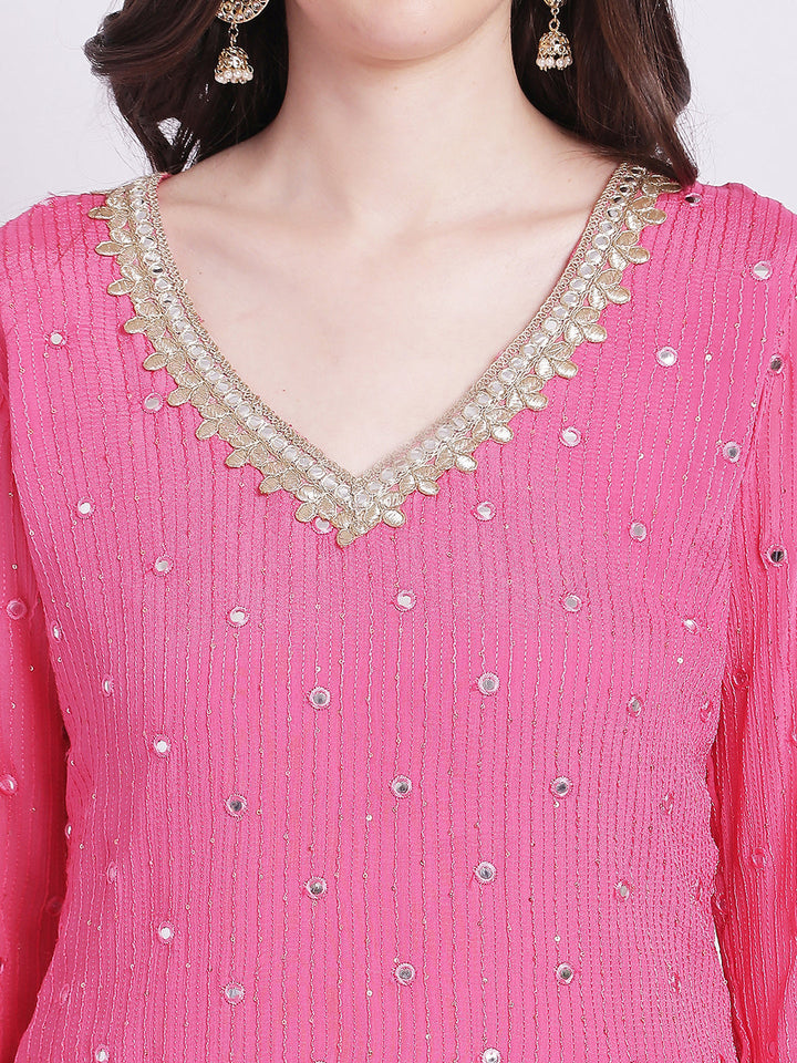 anokherang Combos Cotton Candy Pink Mirror Work Kurti With Gathered Sharara and Gota Dupatta