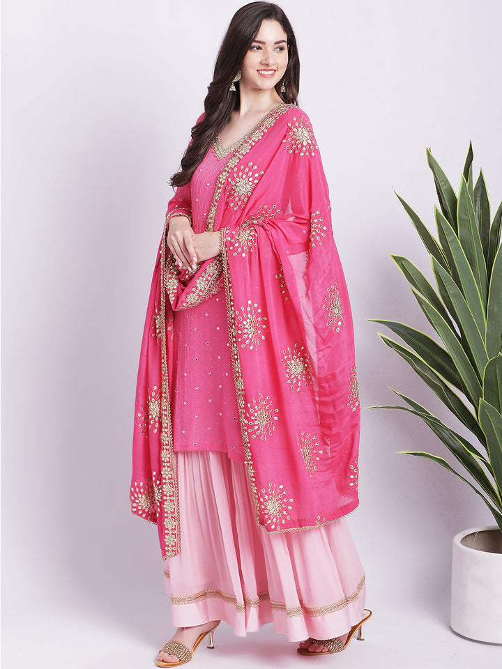 anokherang Combos Cotton Candy Pink Mirror Work Kurti With Gathered Sharara and Gota Dupatta