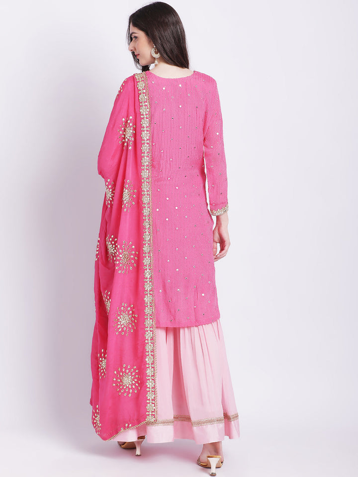 anokherang Combos Cotton Candy Pink Mirror Work Kurti With Gathered Sharara and Gota Dupatta