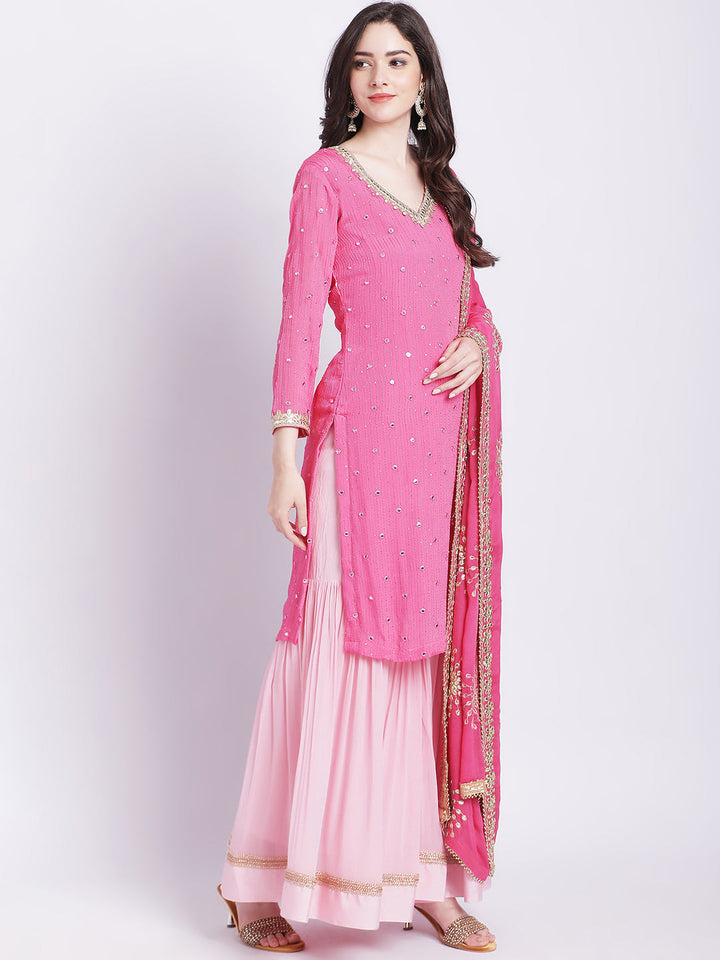 anokherang Combos Cotton Candy Pink Mirror Work Kurti With Gathered Sharara and Gota Dupatta