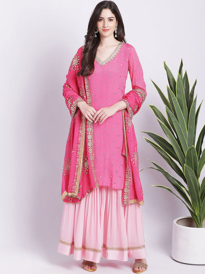 anokherang Combos Cotton Candy Pink Mirror Work Kurti With Gathered Sharara and Gota Dupatta