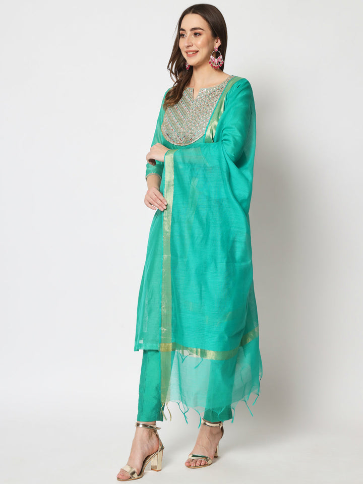 anokherang Combos Cyan Green Embroidered Straight Kurti with Straight Pants and Dupatta