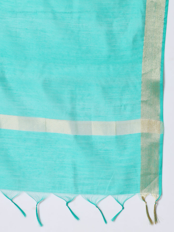anokherang Combos Cyan Green Embroidered Straight Kurti with Straight Pants and Dupatta