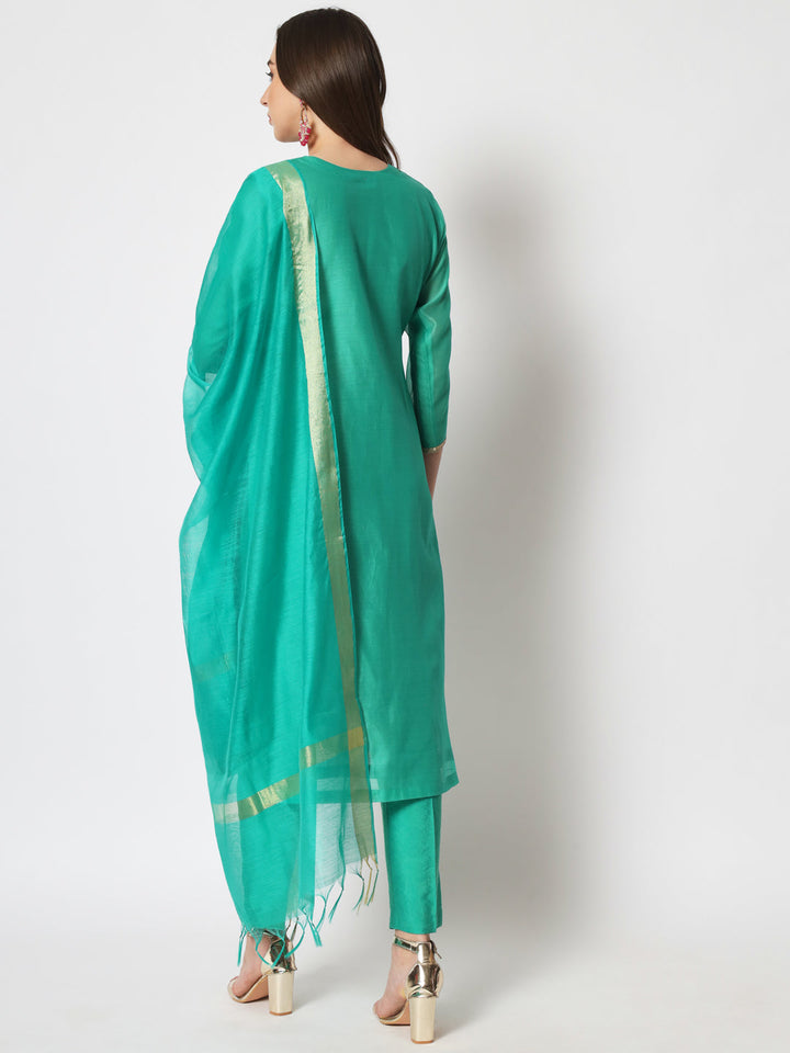 anokherang Combos Cyan Green Embroidered Straight Kurti with Straight Pants and Dupatta