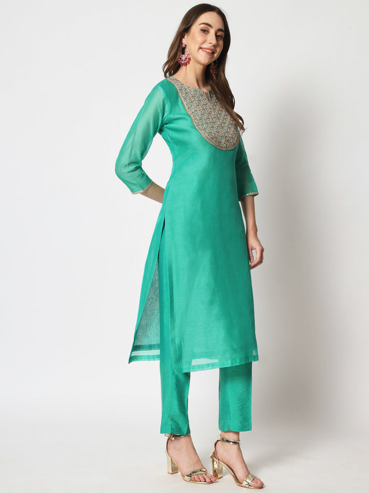 anokherang Combos Cyan Green Embroidered Straight Kurti with Straight Pants and Dupatta