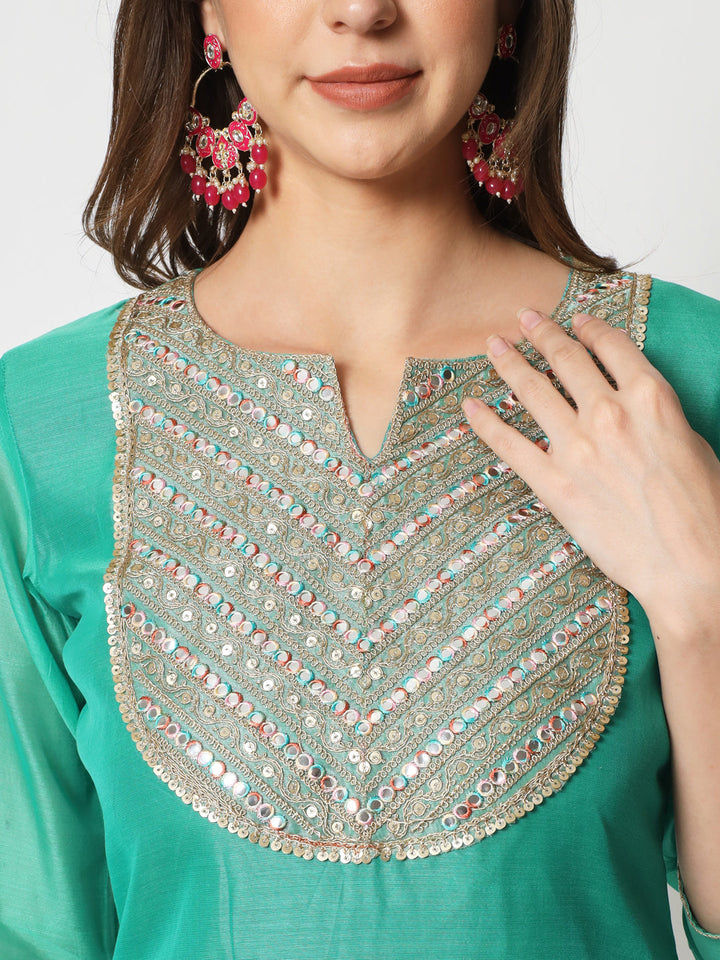 anokherang Combos Cyan Green Embroidered Straight Kurti with Straight Pants and Dupatta