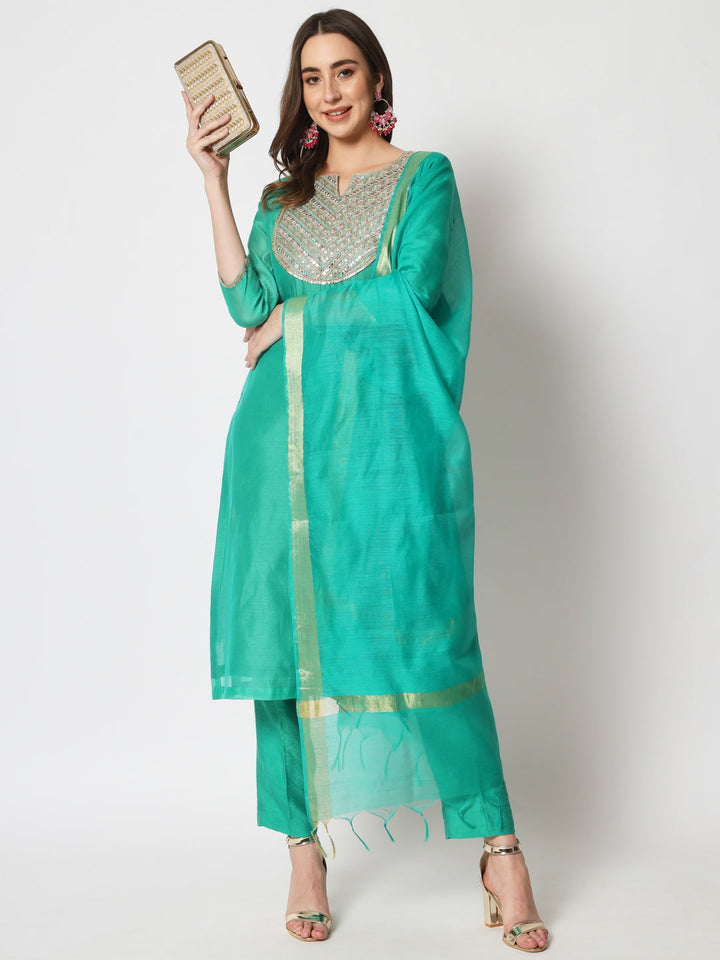 anokherang Combos Cyan Green Embroidered Straight Kurti with Straight Pants and Dupatta