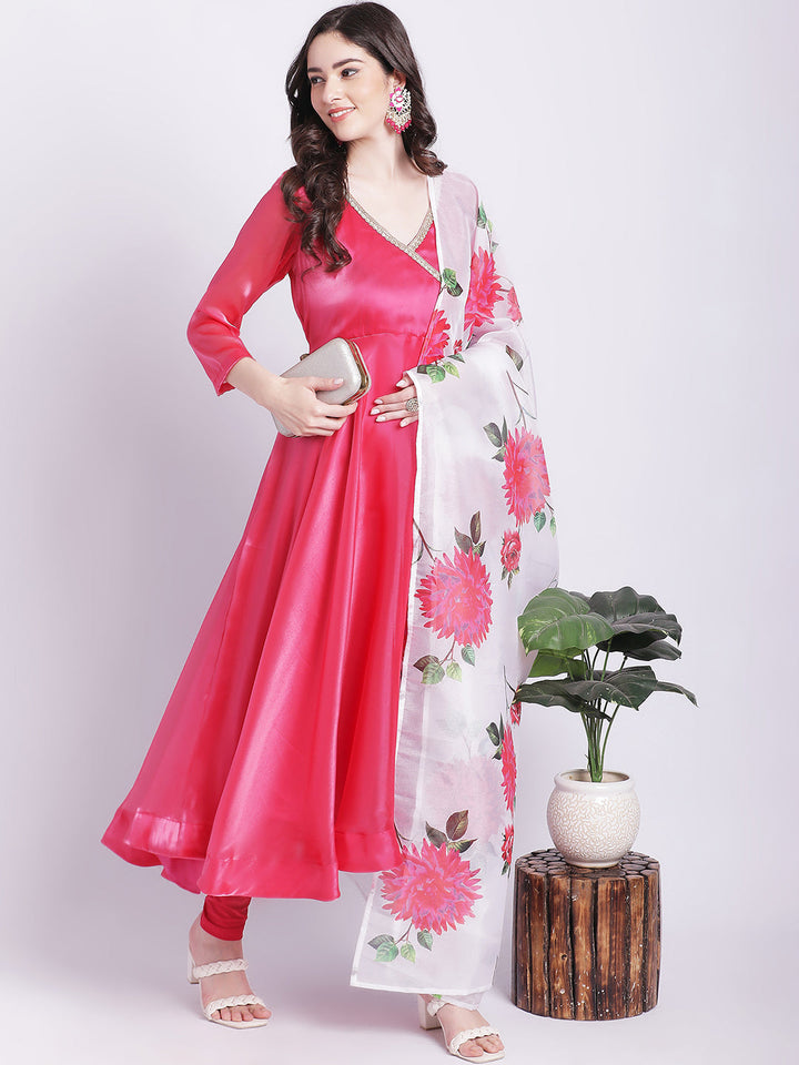 anokherang Combos Dahlia Pink Organza Shine Anarkali with Churidar and Floral Printed Dupatta