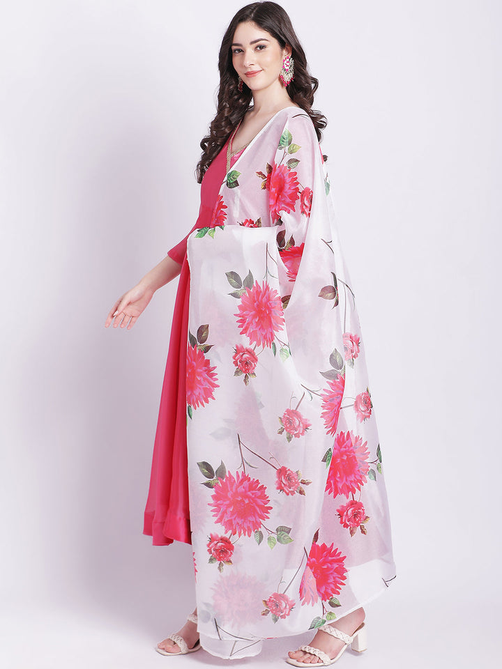 anokherang Combos Dahlia Pink Organza Shine Anarkali with Churidar and Floral Printed Dupatta