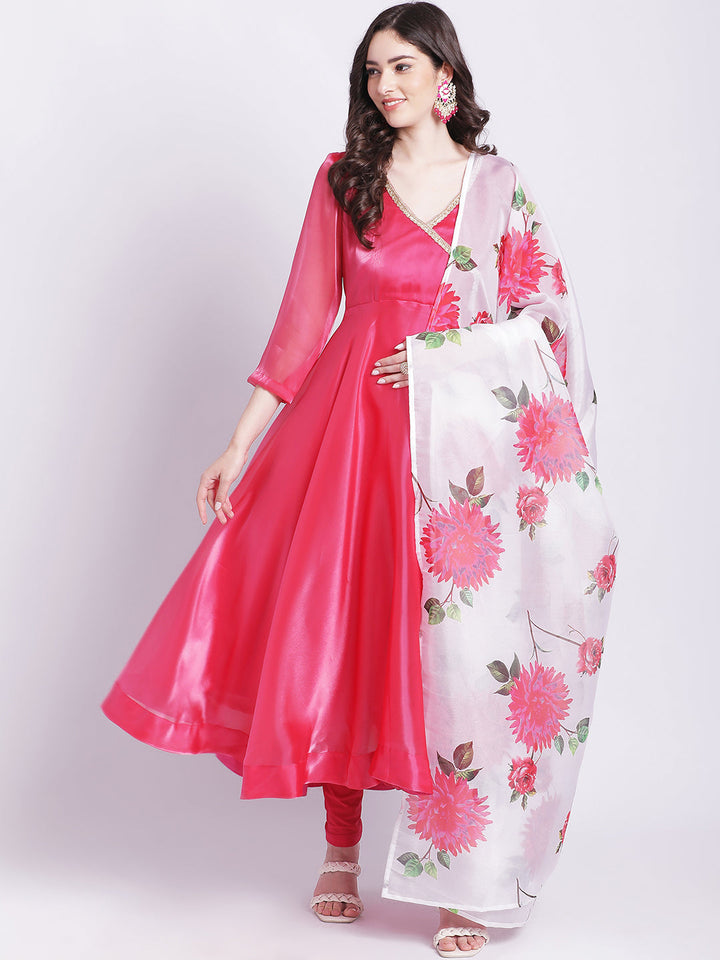 anokherang Combos Dahlia Pink Organza Shine Anarkali with Churidar and Floral Printed Dupatta