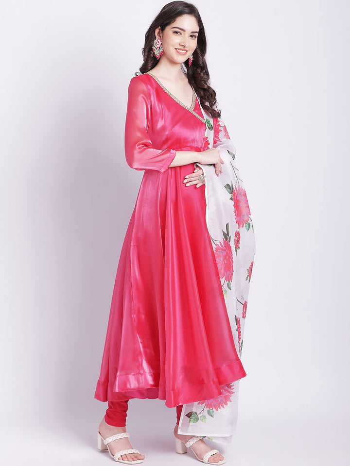 anokherang Combos Dahlia Pink Organza Shine Anarkali with Churidar and Floral Printed Dupatta