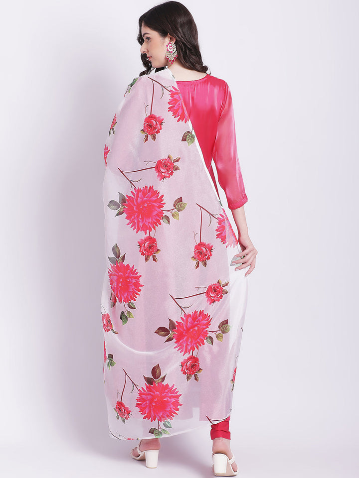 anokherang Combos Dahlia Pink Organza Shine Anarkali with Churidar and Floral Printed Dupatta