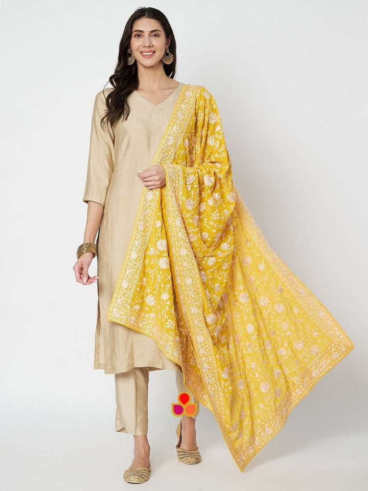 anokherang Combos Daisy Ivory Silk Straight Kurti With Pants and Parsi Gara Dupatta