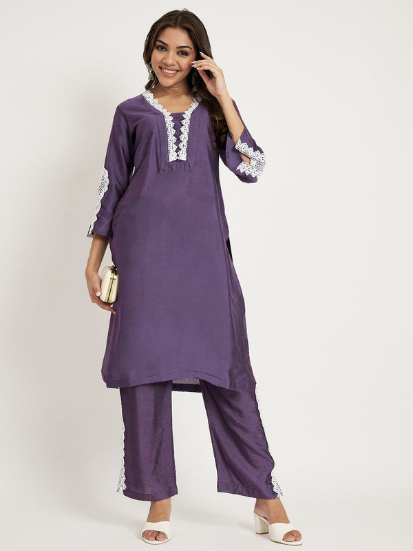 anokherang Combos Damson Wine Silk Straight Kurti with Straight Palazzo