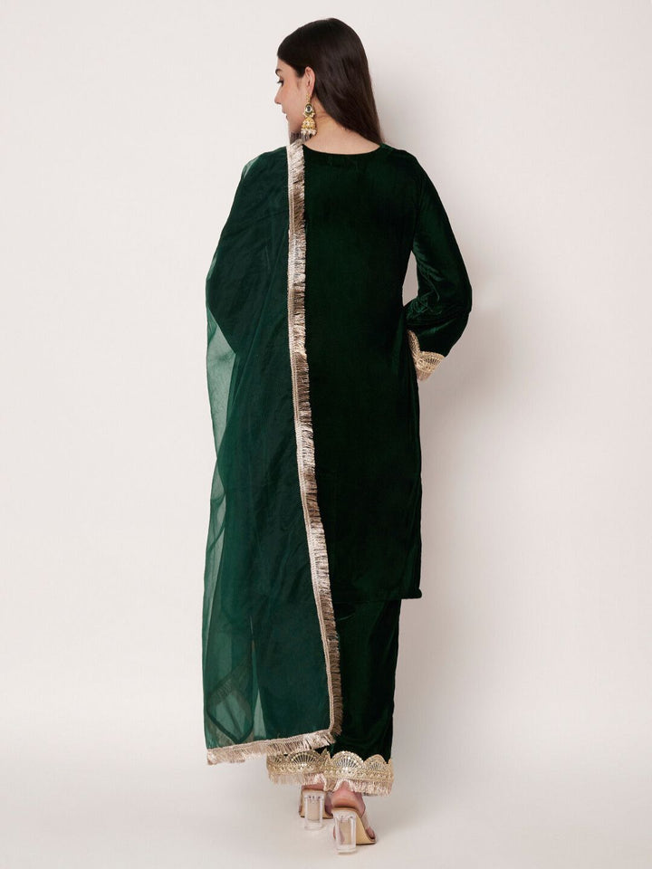 anokherang Combos Dazzling Bottle Green Velvet Straight Kurti with Pants and Organza Dupatta