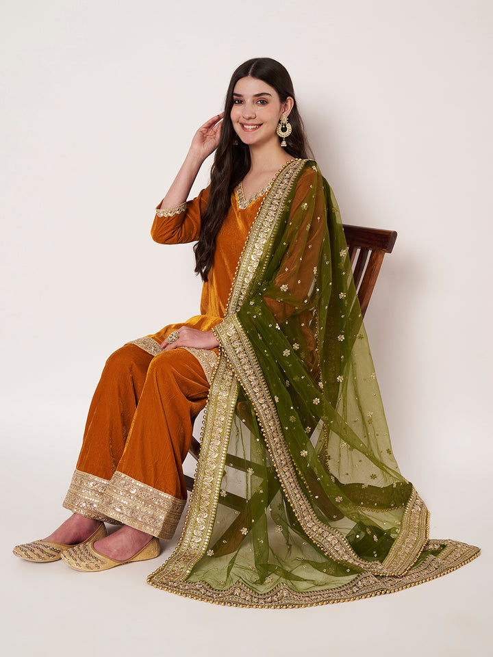 anokherang Combos Dazzling Mustard Velvet Short Kurti with Palazzo and Net Sequin Dupatta