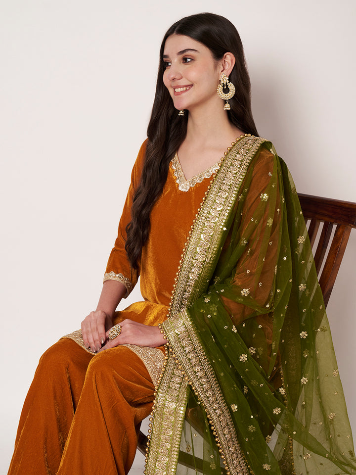 anokherang Combos Dazzling Mustard Velvet Short Kurti with Palazzo and Net Sequin Dupatta