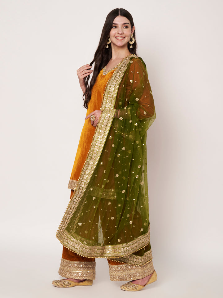 anokherang Combos Dazzling Mustard Velvet Short Kurti with Palazzo and Net Sequin Dupatta