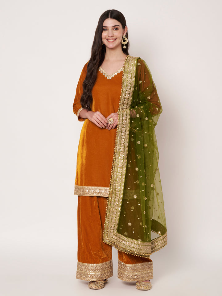 anokherang Combos Dazzling Mustard Velvet Short Kurti with Palazzo and Net Sequin Dupatta