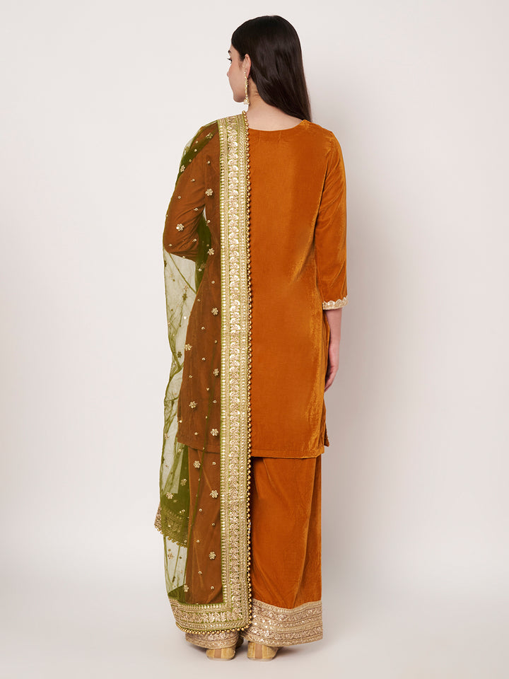anokherang Combos Dazzling Mustard Velvet Short Kurti with Palazzo and Net Sequin Dupatta