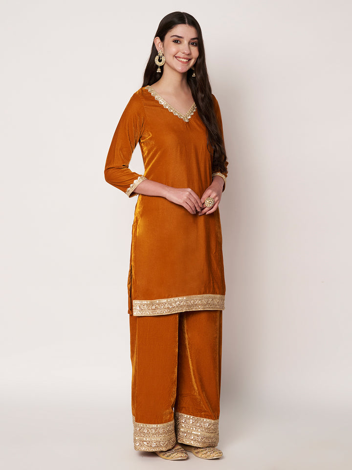 anokherang Combos Dazzling Mustard Velvet Short Kurti with Palazzo and Net Sequin Dupatta
