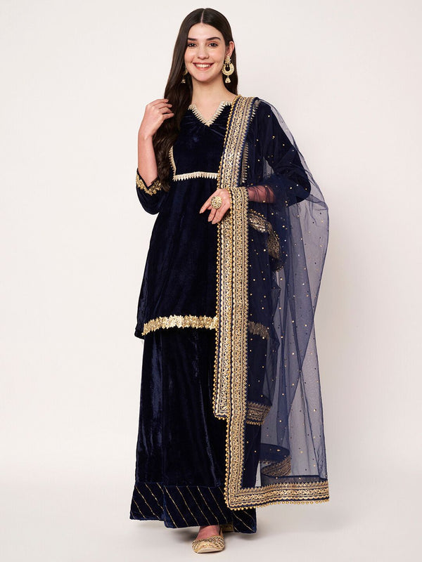 anokherang Combos Dazzling Navy Blue Velvet Kurti with Palazzo and Net Sequin Dupatta