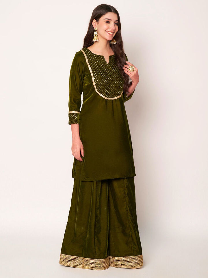 anokherang Combos Dazzling Olive Green Velvet Short Kurti with Palazzo and Net Sequin Dupatta