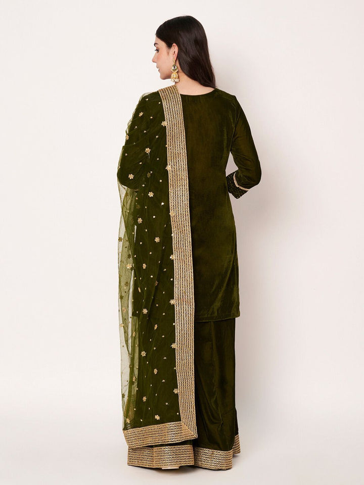 anokherang Combos Dazzling Olive Green Velvet Short Kurti with Palazzo and Net Sequin Dupatta