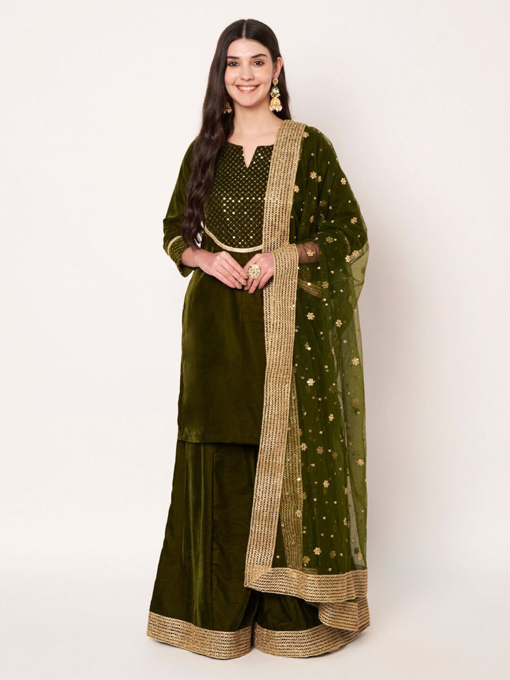 anokherang Combos Dazzling Olive Green Velvet Short Kurti with Palazzo and Net Sequin Dupatta