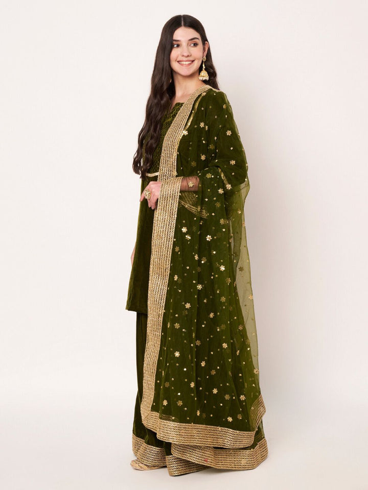 anokherang Combos Dazzling Olive Green Velvet Short Kurti with Palazzo and Net Sequin Dupatta