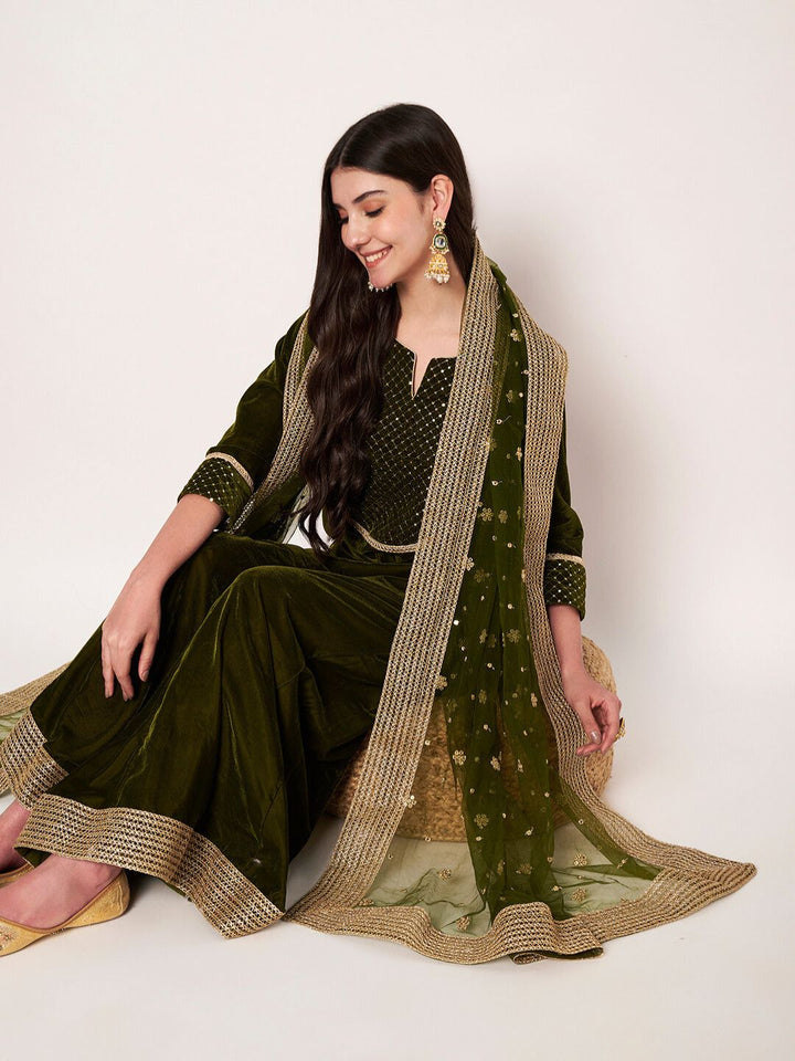 anokherang Combos Dazzling Olive Green Velvet Short Kurti with Palazzo and Net Sequin Dupatta