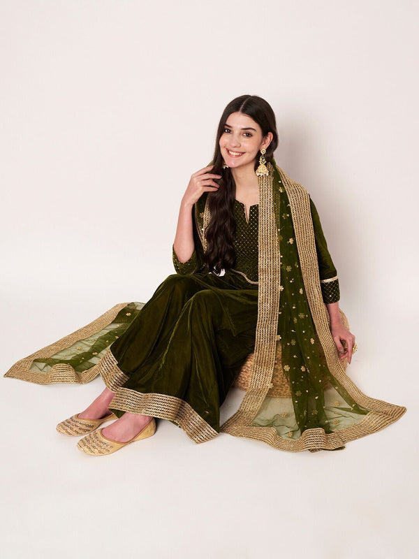 anokherang Combos Dazzling Olive Green Velvet Short Kurti with Palazzo and Net Sequin Dupatta