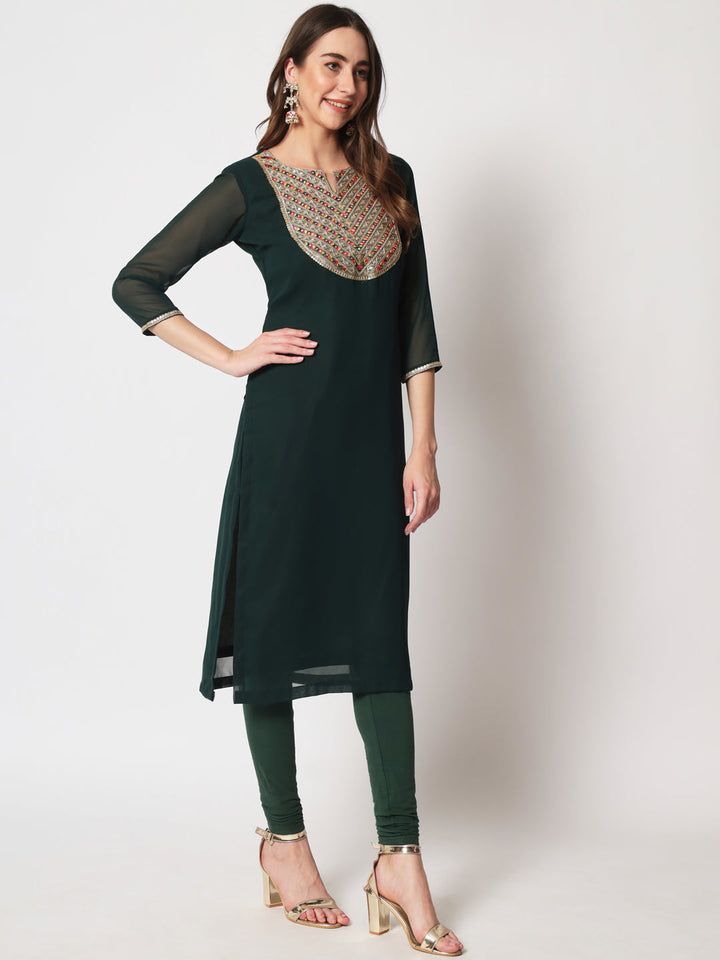 anokherang Combos Deep Green Gold Embroidered Georgette Straight Kurti with Chudidar
