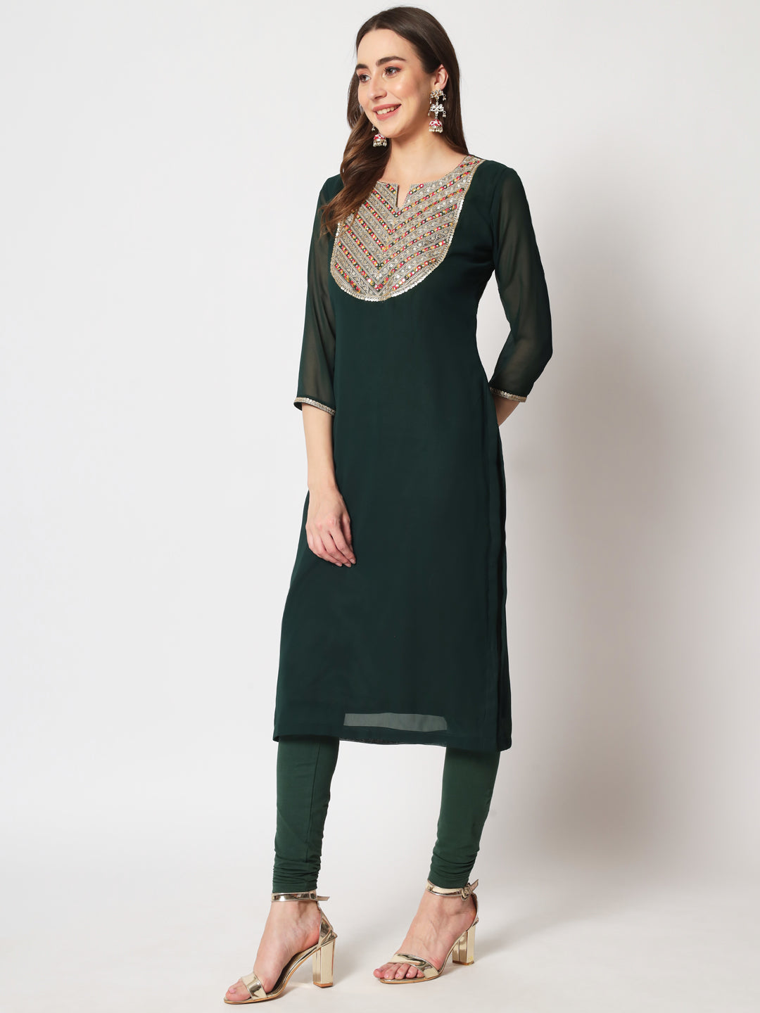 Buy Gorgeous Forest Green Georgette Front Slit Embroidered Kurti LKV001638