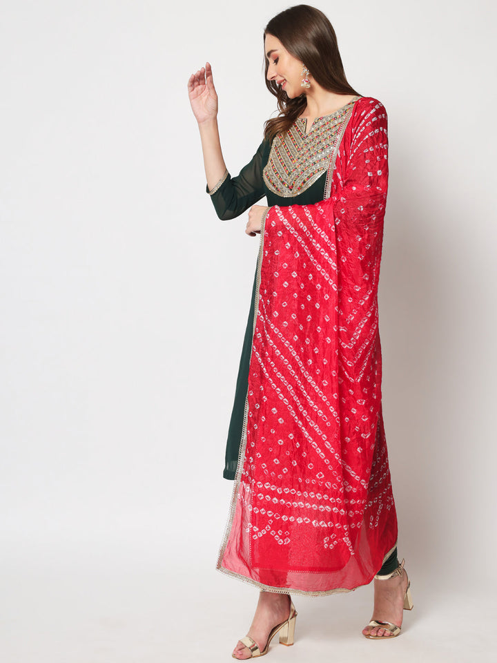 anokherang Combos Deep Green Gold Embroidered Georgette Straight Kurti with Chudidar and Bandhej Dupatta