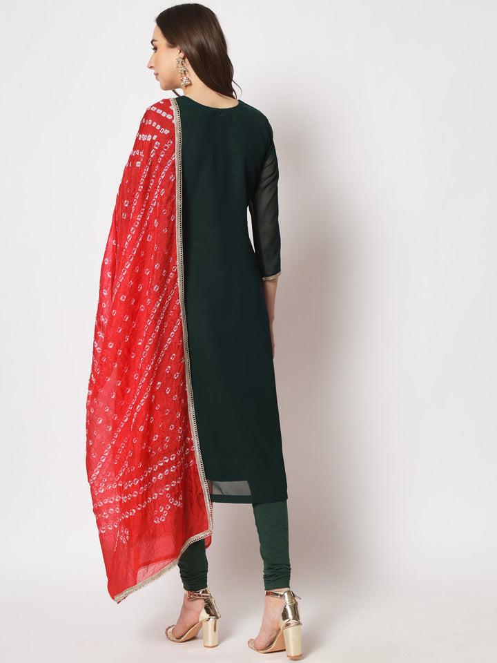 anokherang Combos Deep Green Gold Embroidered Georgette Straight Kurti with Chudidar and Bandhej Dupatta