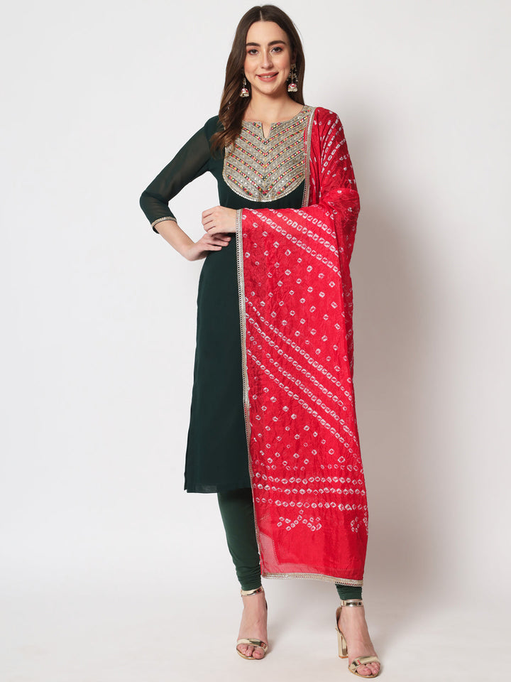 anokherang Combos Deep Green Gold Embroidered Georgette Straight Kurti with Chudidar and Bandhej Dupatta