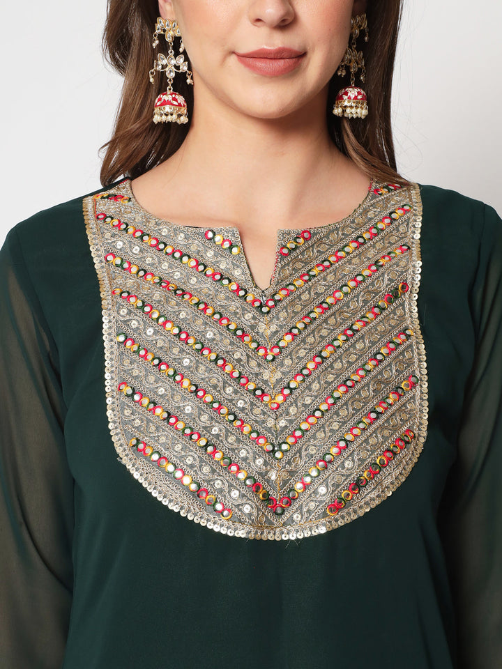 anokherang Combos Deep Green Gold Embroidered Georgette Straight Kurti with Chudidar and Bandhej Dupatta