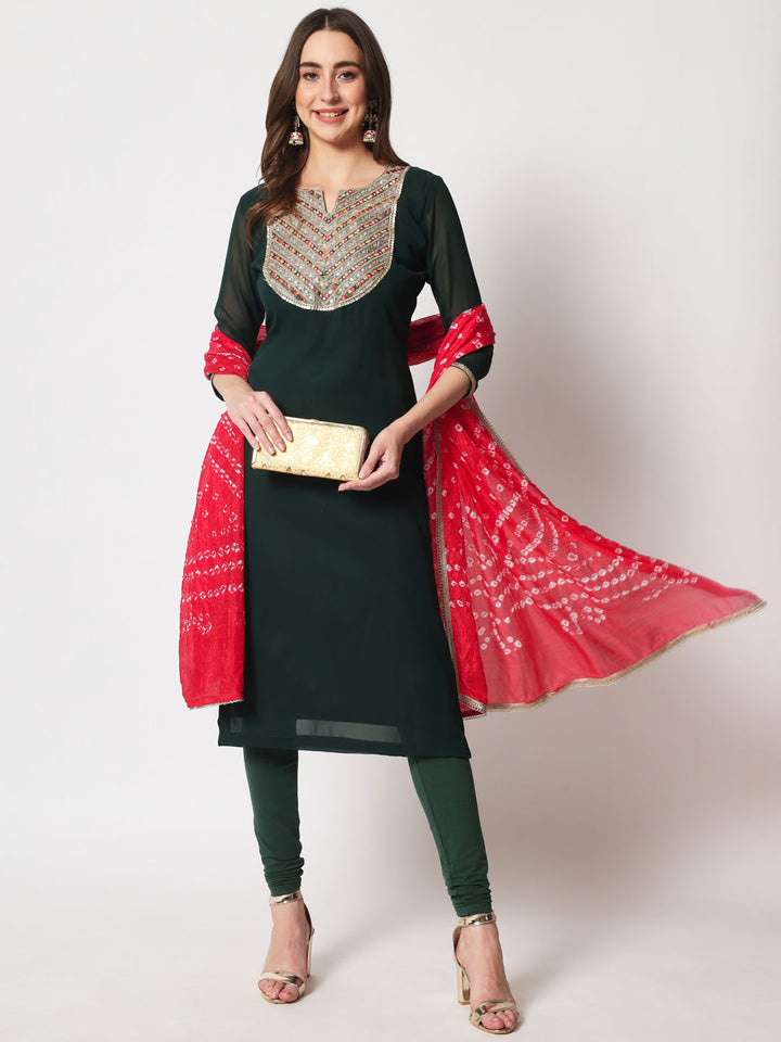 anokherang Combos Deep Green Gold Embroidered Georgette Straight Kurti with Chudidar and Bandhej Dupatta