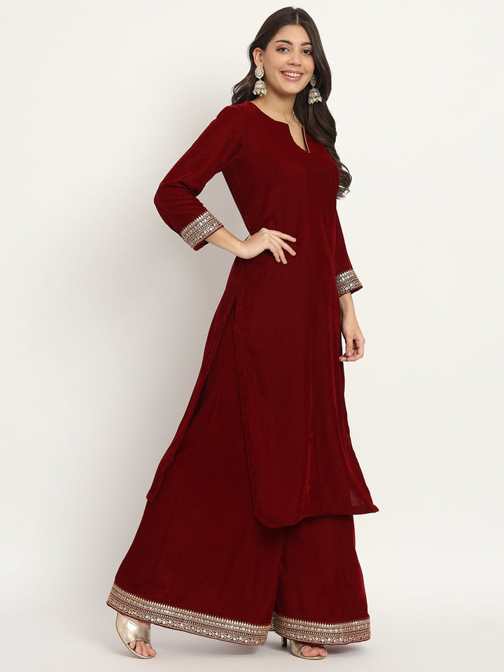 anokherang Combos Delicate Maroon Velvet Kurti with Palazzo and Peach Sequin Dupatta
