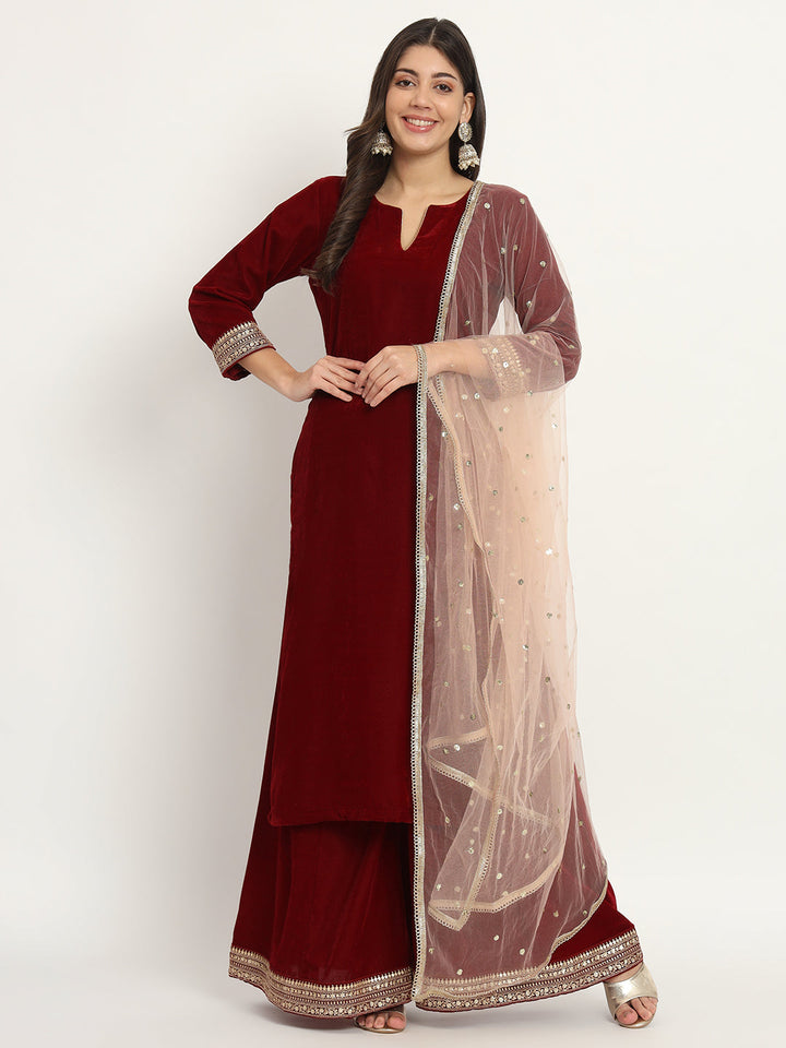 anokherang Combos Delicate Maroon Velvet Kurti with Palazzo and Peach Sequin Dupatta